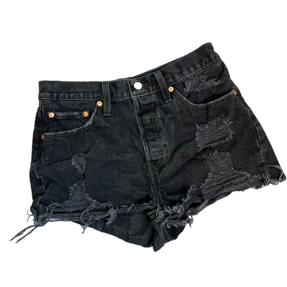 Levi's 501 Black Distressed High Rise Cutoff Denim Shorts Size 28 Grunge - Picture 1 of 9